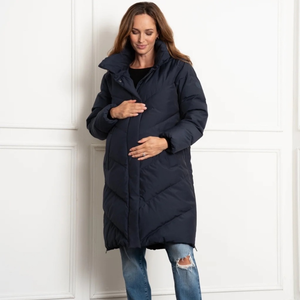 Seraphine Adena Chevron Puffer Maternity Coat in Navy